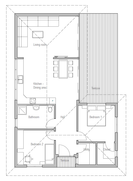 Small House Plan to narrow lot with two bedrooms. House Plan